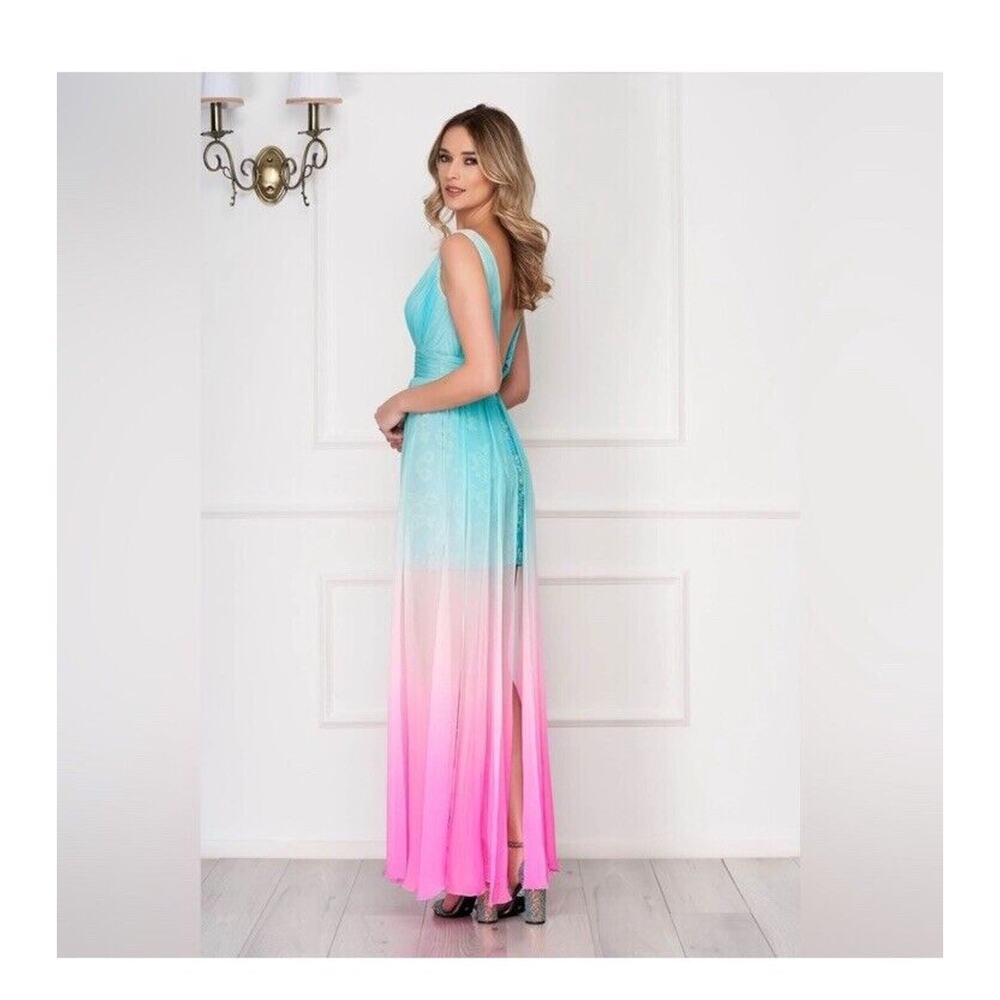 Sherri Hill Ombre Aqua to Pink High-Low Cocktail Dress - Picture 6 of 13